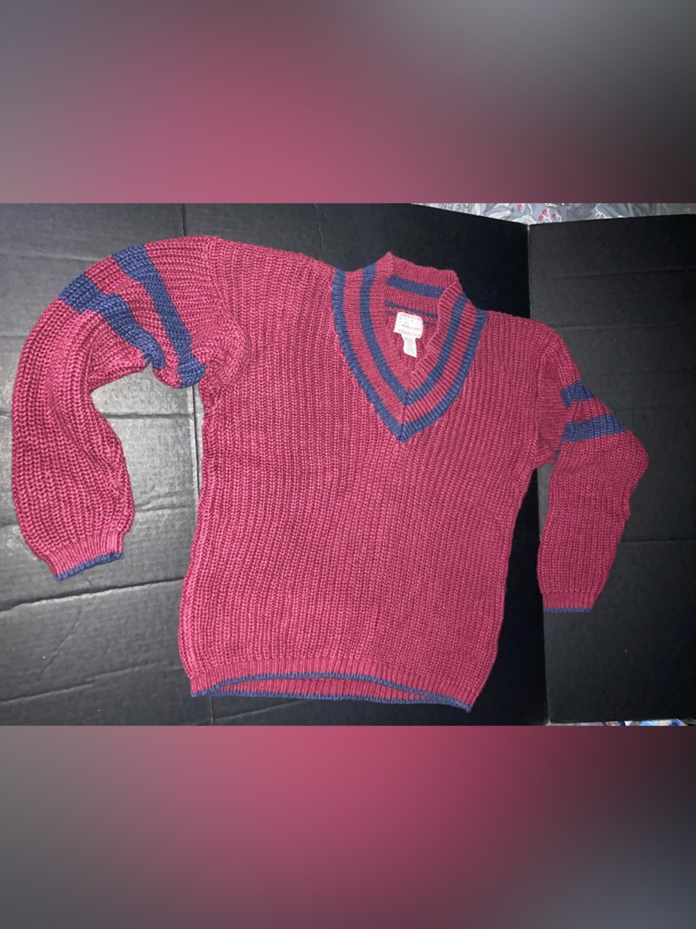 V-Neck Burgundy Knit Sweater with Navy Stripe Detail